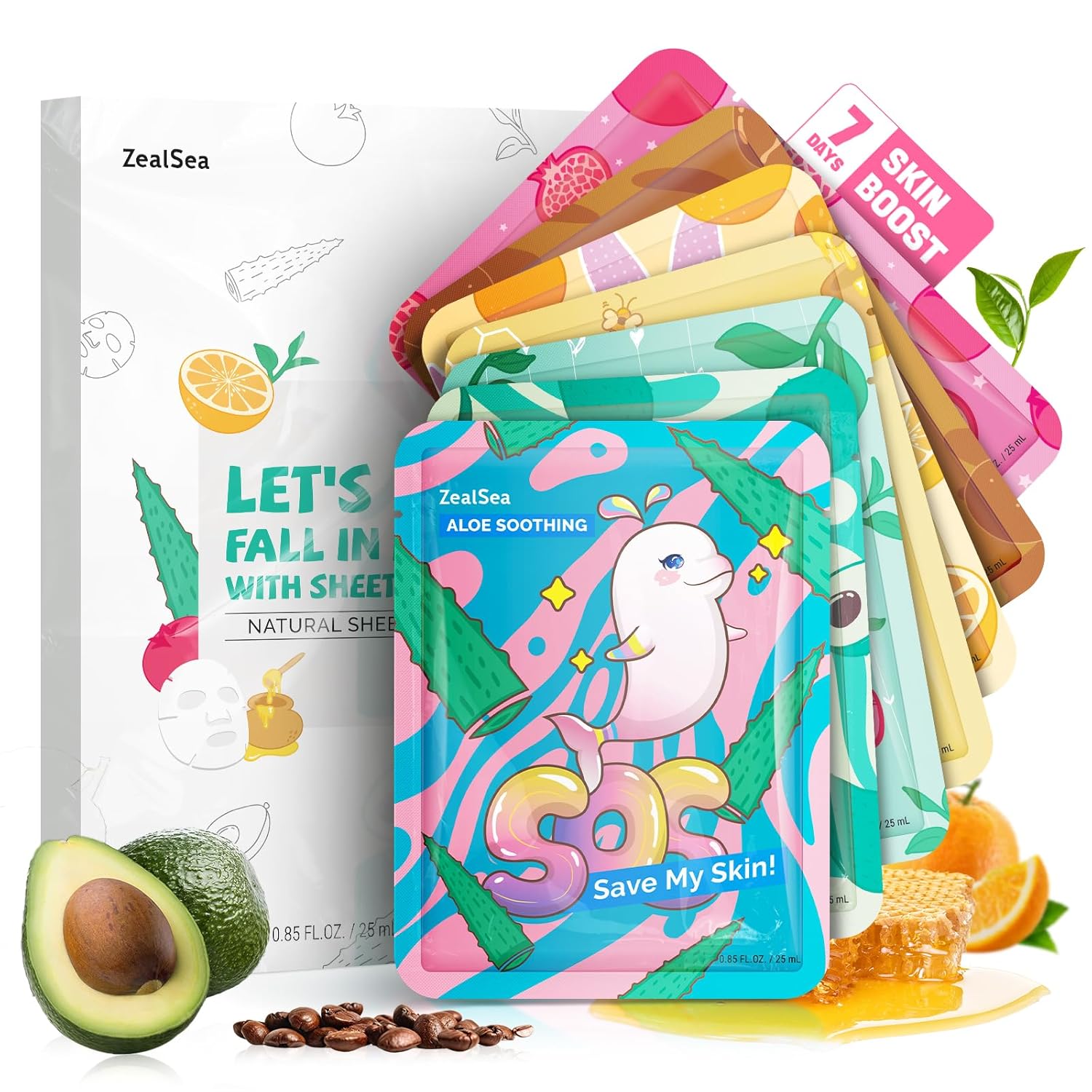 ZealSea Face Masks Skincare, Facial Masks for All Skin Types 7 Pack - Cart Shape